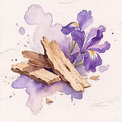 a watercolor painting of a piece of wood and purple flowers