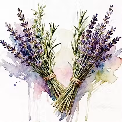 Two bundles of green herbs mixed with lavender