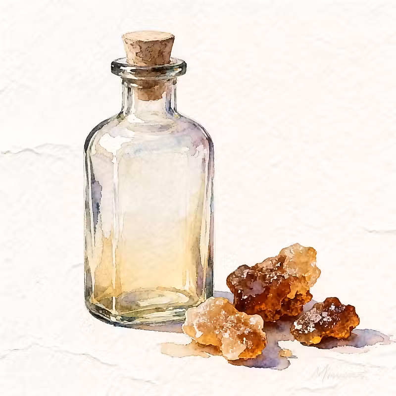 Bouteille transparente à côté de quelques morceaux marron de résine d'arbre