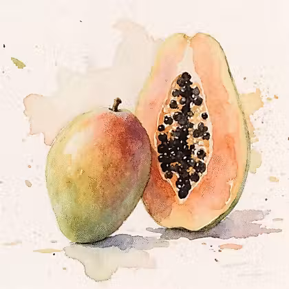 Fresh papaya and mango fruits positioned on a sunny yellow backdrop.