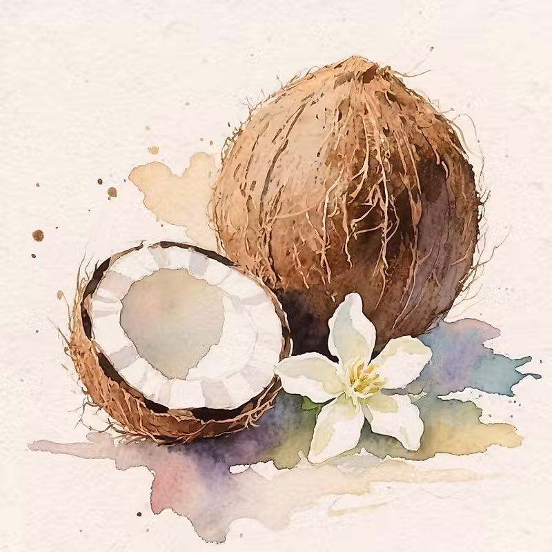 noix de coco à côté d'une autre ouverte et d'une fleur de jasmin