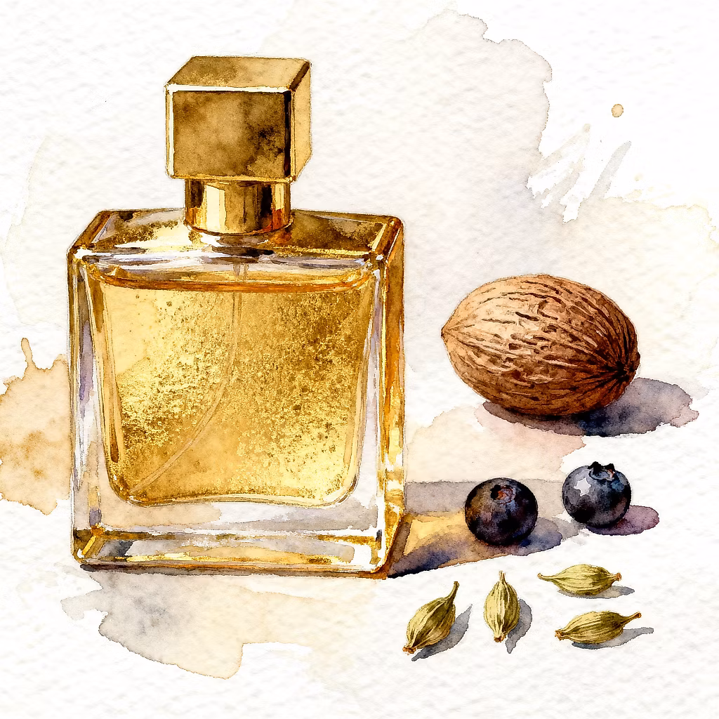 watercolor of luxury square style and gold color glass perfume bottle next to one or two pieces of Nutmeg, Juniper Berries and 3 small coriander leaves