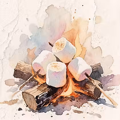 watercolor painting of marshmallows on a campfire