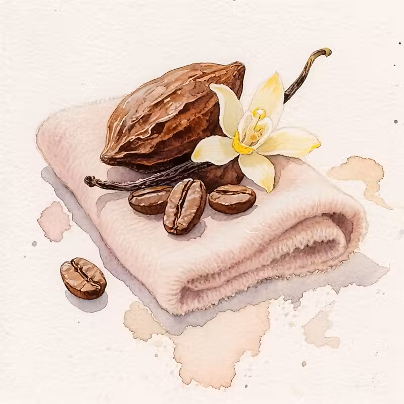 Tissu en cachemire crème plié avec une gousse de cacao et des grains de café placés dessus