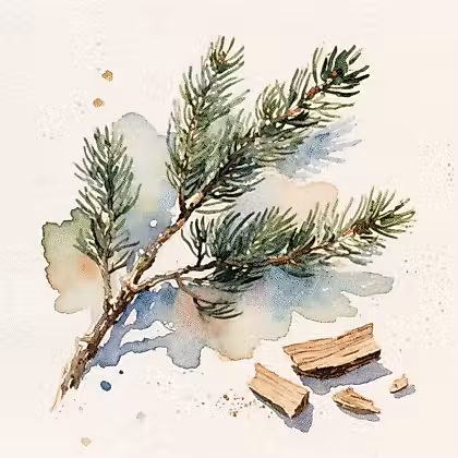 Branch of cedar tree next to few chips of wood