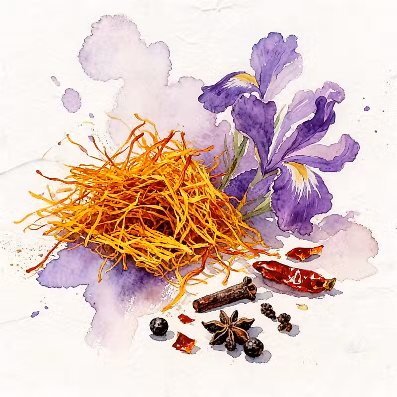 Safran avec des épices poivrées et des violettes