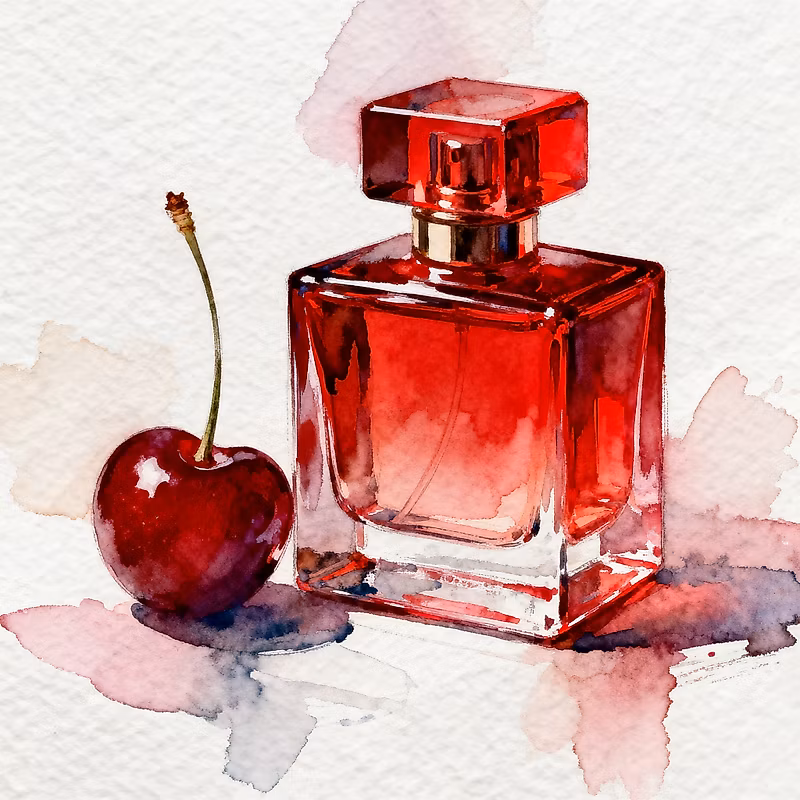 Watercolor of luxury red glass perfume square bottle next to on elegant cherry fruit
