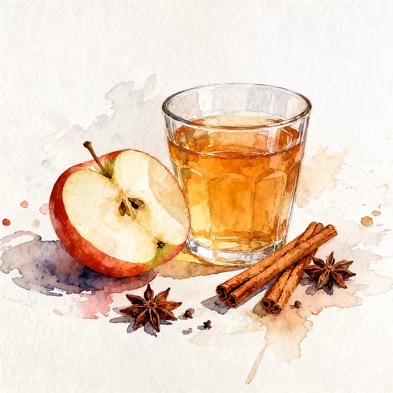 Un verre de cidre de pomme à côté d'une demi-pomme juteuse, des bâtons de cannelle et des épices.