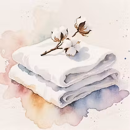 Two folded white towels with a stem of cotton flowers