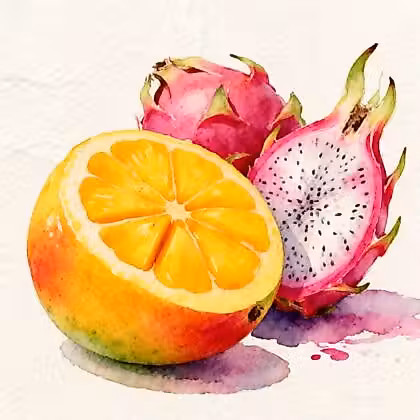 Half juicy mango next to dragon fruit