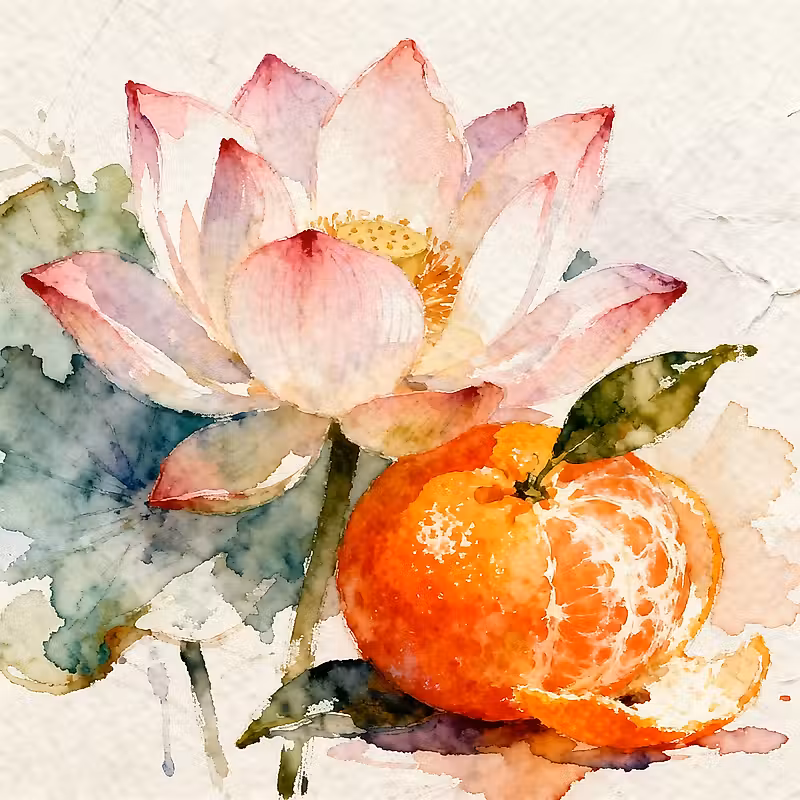Une fleur de lotus à côté d'une mandarine ouverte