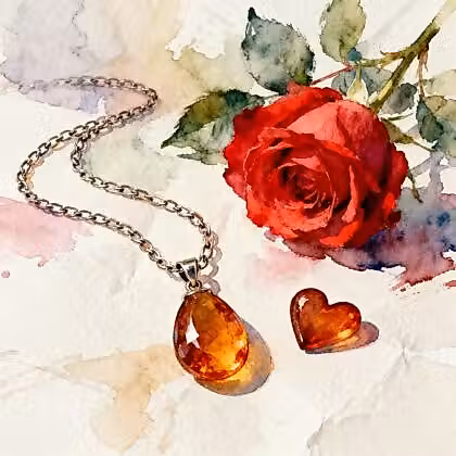 a chain jewelry with an amber colored pendant and heart shape next to a red rose