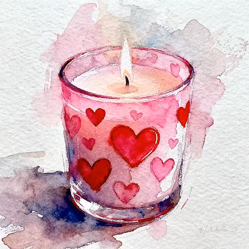 bougie de thé avec des cœurs dessinés à la main en rose et rouge