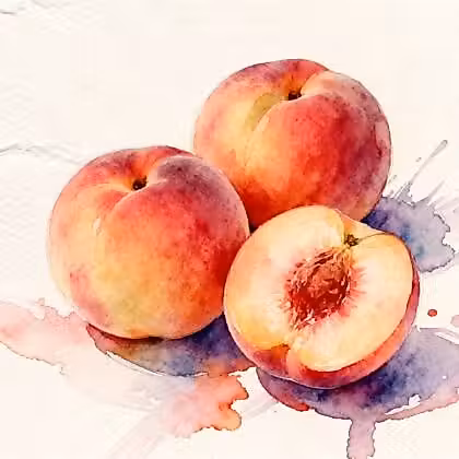 Two juicy peaches next to half one