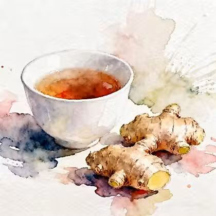 Cap of tea next to two pieces of ginger