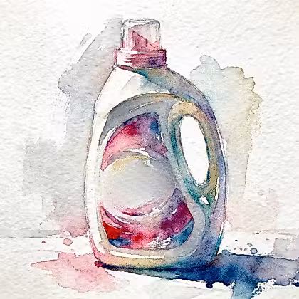 a watercolor painting of a bottle of laundry detergent
