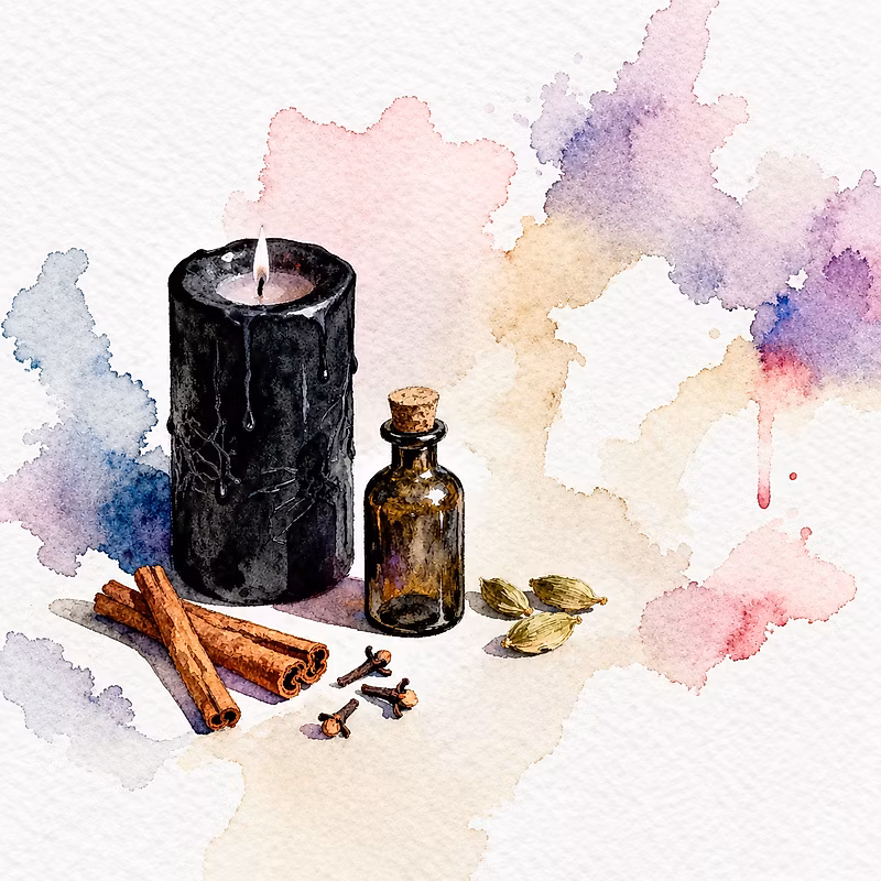 Nature morte à l'aquarelle avec une bougie noire, un flacon de parfum en verre ambré, des bâtons de cannelle, des clous de girofle et de la cardamome sur un fond aquarelle doux
