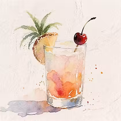 A tropical cocktail with a cherry on a stick in the glass