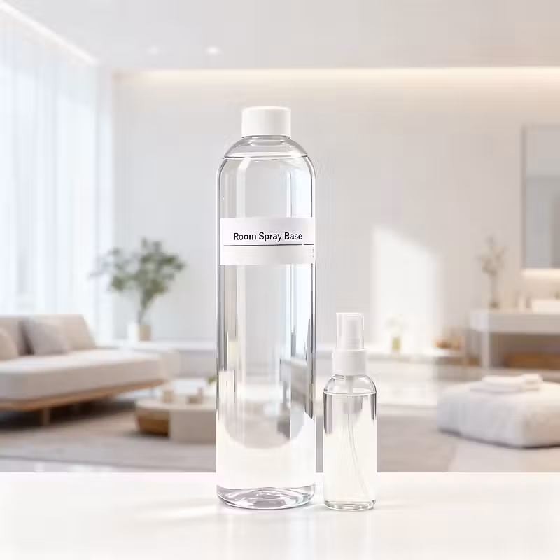 a bottle of water sitting on a table in front of a white living room