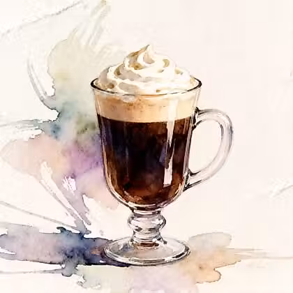 A transparent glass of coffee with whipped cream.