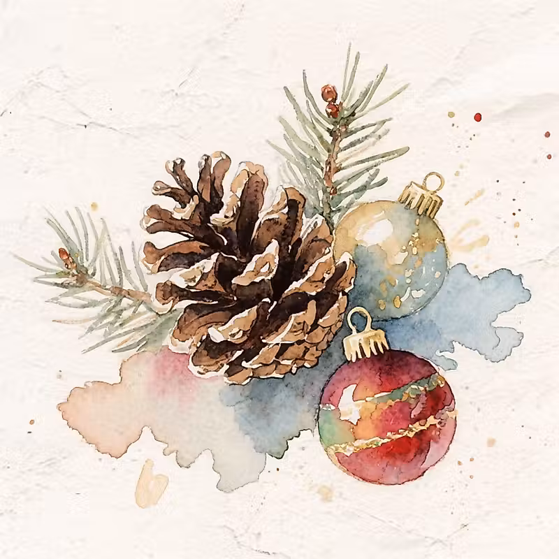 carte de Noël aquarelle avec des pommes de pin et des ornements