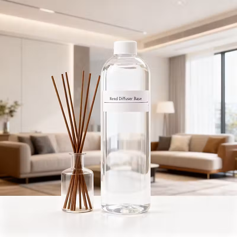 bouteille de diffuseur d'huile à côté d'un diffuseur à bâtonnets dans une bouteille en verre sur fond de maison