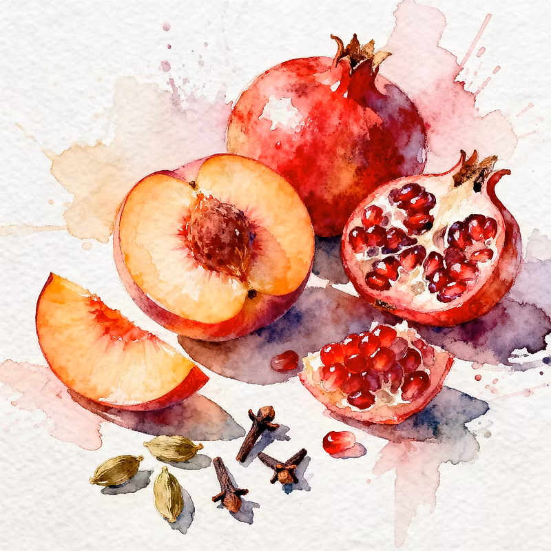 watercolor of juicy slices of nectarine, next to fresh pomegranate and very few (3-5) pieces of Cardamom and cloves using loose and expressive brush strokes
