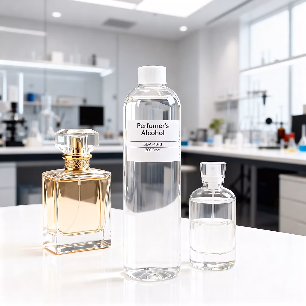 Une bouteille transparente avec une étiquette blanche de l'Alcool de Parfumeur SDA-40-B 200 Proof à côté d'un flacon de parfum de luxe. L'arrière-plan est un atelier de parfumeur propre.
