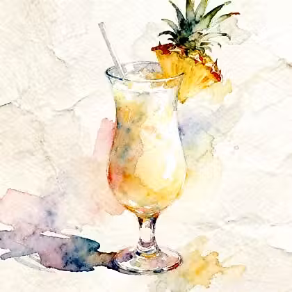 A glass with white liquid with chunk of pineapple