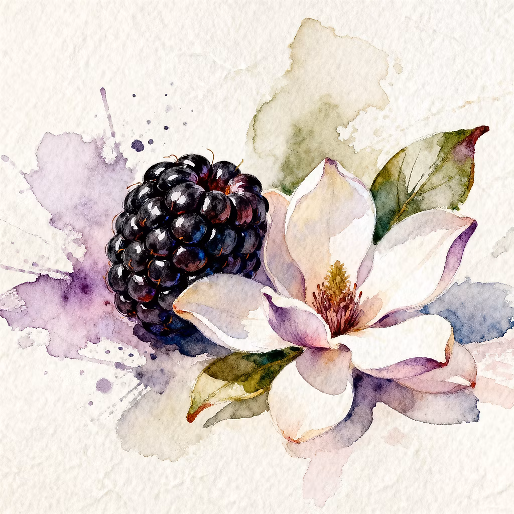 Black piece of raspberry next to pink magnolia blossom
