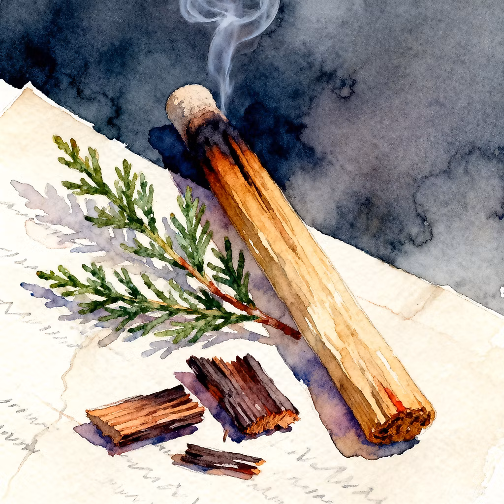 natural sandal stick burning next to few cedar leaves and few oud wood chips