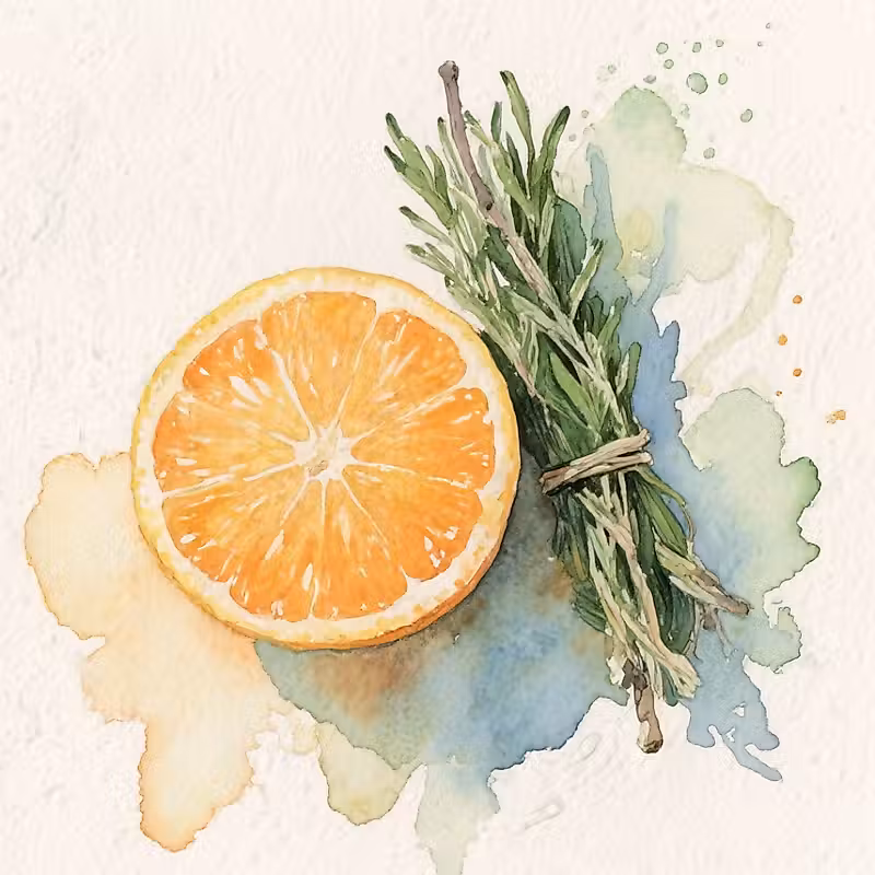 Une orange coupée en deux à côté d'un bouquet de sauge fraîche verte attaché avec de la ficelle naturelle.