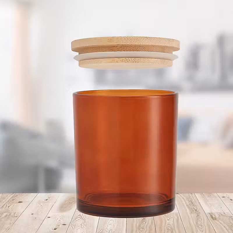 pots à bougie en verre ambre avec couvercles en bambou