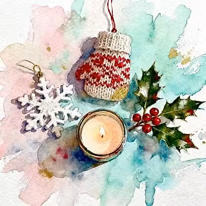 une peinture à l'aquarelle d'une bougie et de mitaines tricotées