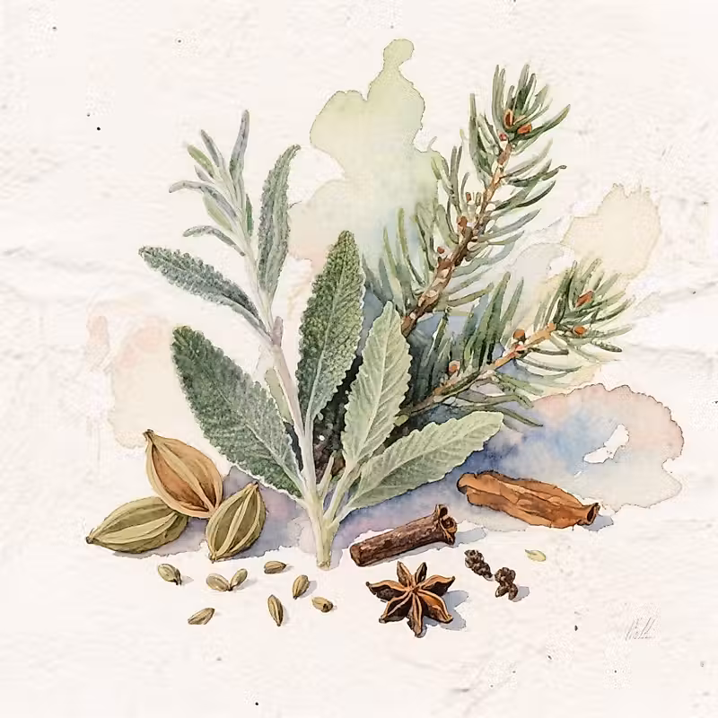 Aiguilles de sapin baumier, feuilles de sauge et graines d'épices.
