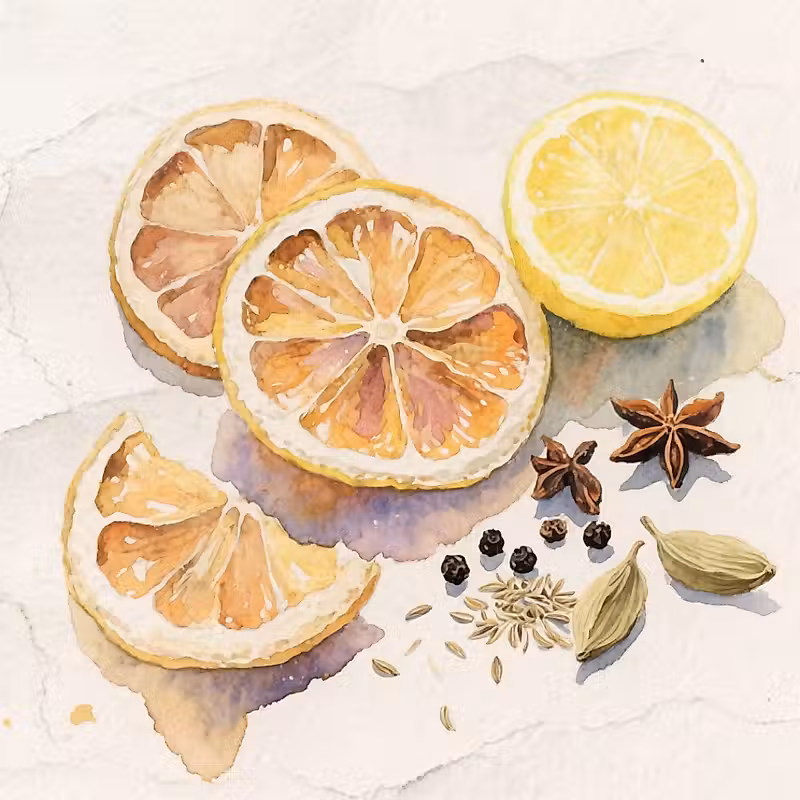quelques tranches de fruits secs d'agrumes avec un citron frais et quelques graines d'épices à côté : clous de girofle, cardamome, poivre noir, graines de cumin.