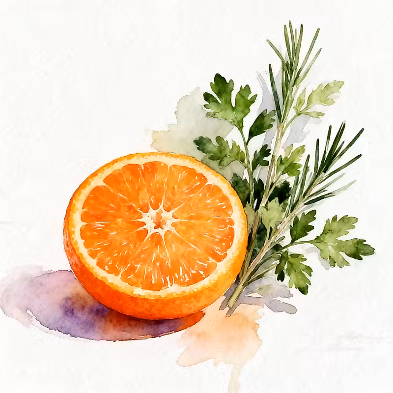 Une moitié d'orange juteuse à côté de coriandre et d'herbes de persil