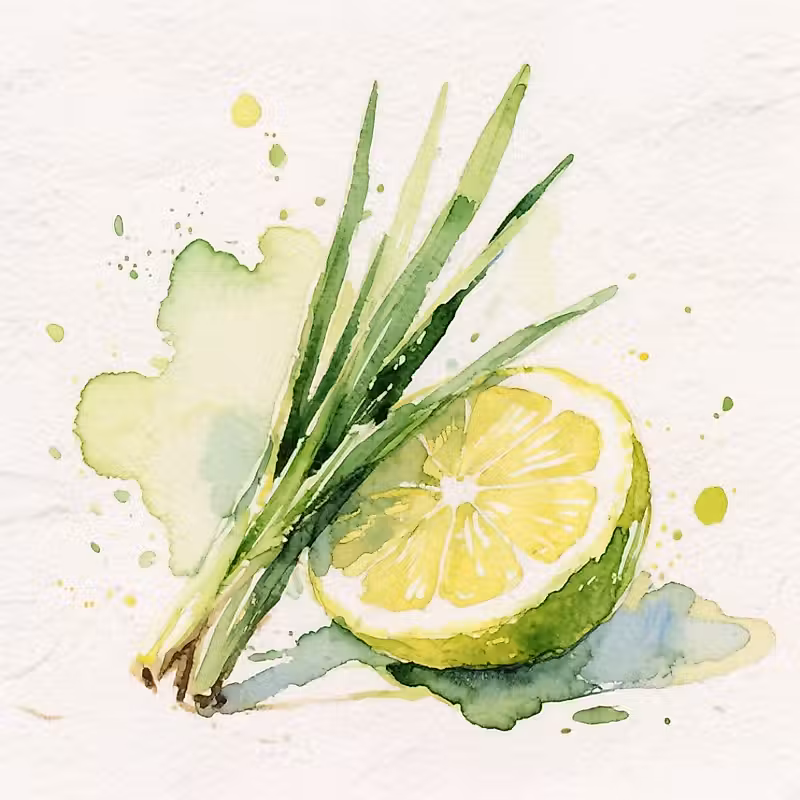 Une plante de citronnelle à côté d'un demi citron vert.