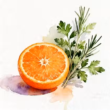 A half of juicy orange next to coriander and Persil herbs