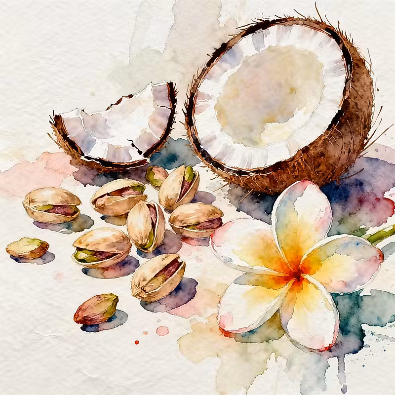 pistaches craquelées avec des noix éparpillées, une noix de coco crémeuse ouverte et une fleur tropicale