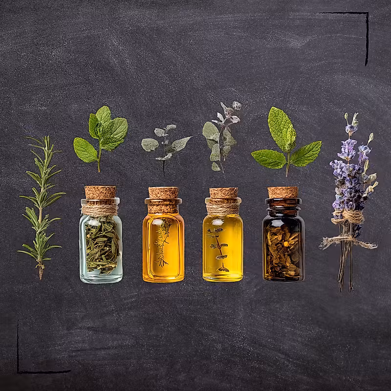 Assortiment d'herbes et d'huiles essentielles dans de petites bouteilles en verre, comprenant du romarin, de la menthe, de la sauge, de la lavande et des huiles de couleur ambrée.