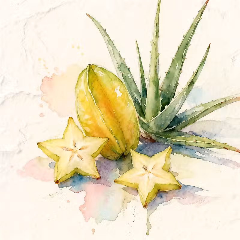 Des caramboles jaunes à côté d'une plante d'Aloe Vera