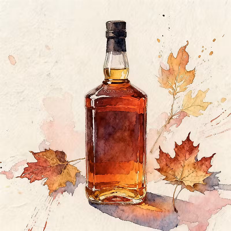 Une bouteille de bourbon à côté de quelques feuilles d'érable séchées