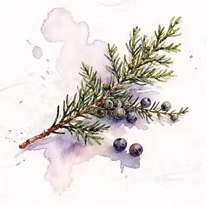 a cedar branch with its leaves (ears) and its small branches next to some juniper berries