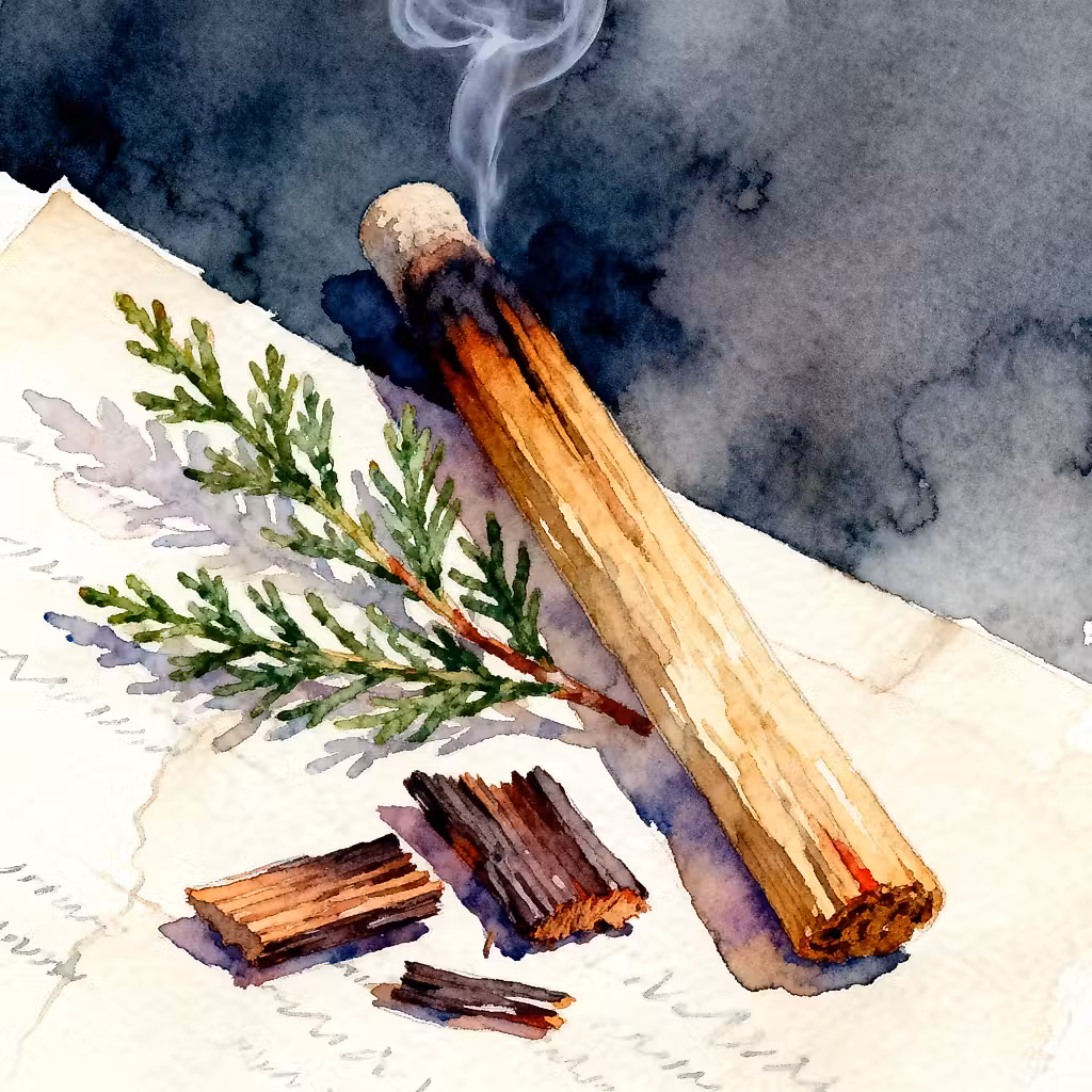 bâton de santal naturel brûlant à côté de quelques feuilles de cèdre et de quelques copeaux de bois d'oud