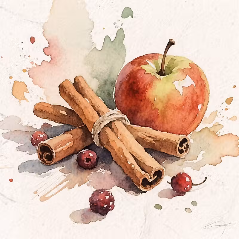Une pomme rouge avec un bouquet de bâtons de cannelle attachés avec de la ficelle, accompagnée de quelques baies éparpillées.