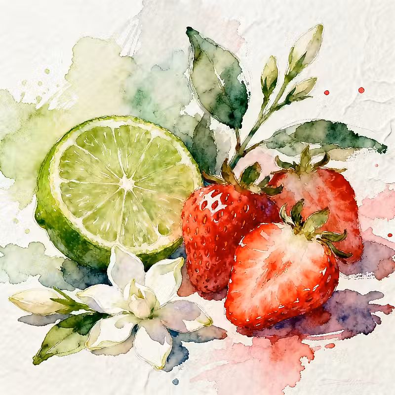 Citron vert juteux à côté de fraises fraîches et d'une fleur de jasmin