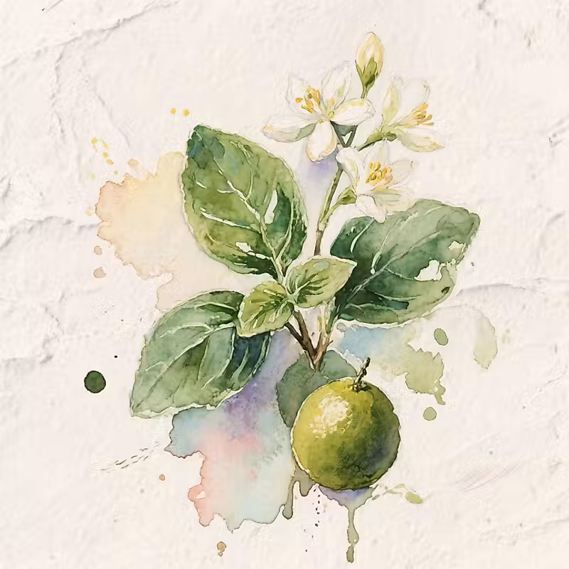 une peinture à l'aquarelle d'une orange et de feuilles vertes