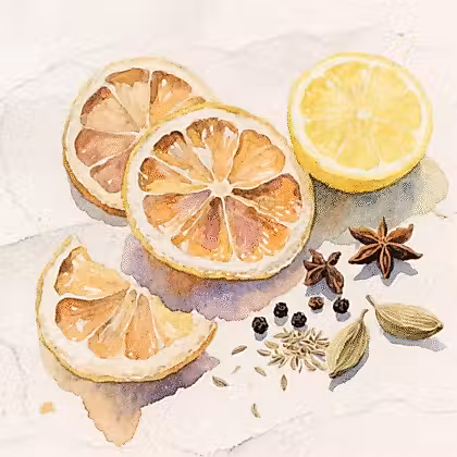 a few slices of dried citrus fruits with a fresh lemon and a few spice seeds on the side: cloves, cardamom, black pepper, cumin seeds.