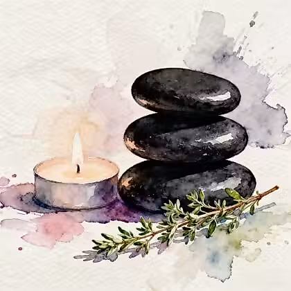 a tea candle placed beside three smooth black massage stones stacked vertically, one on top of the other and a fresh branch of oregano herbs lies gently next to the stone